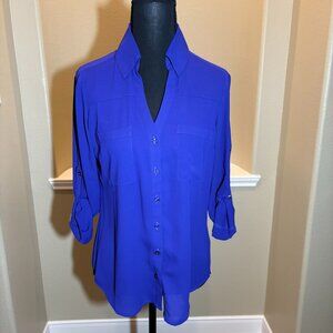 NWOT Express Blue Button Down V-Neck Shirt Size XS